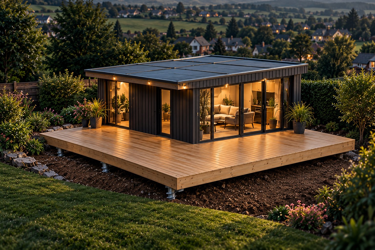 Garden room on ground screw foundations at dusk